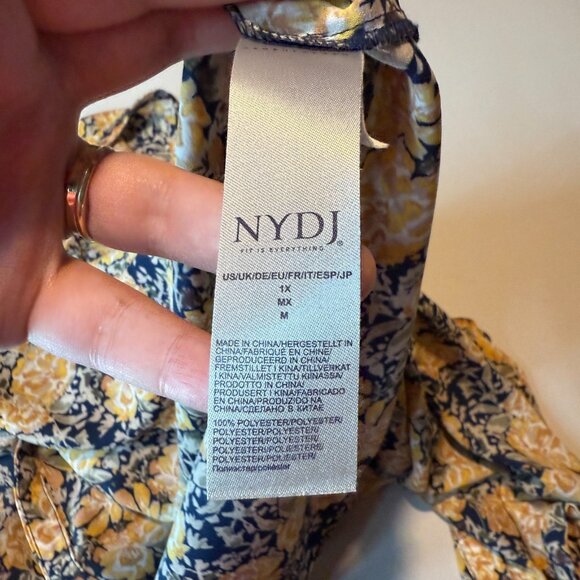 NYDJ Women 1X Floral Top Blouse Lightweight Blue Gold 3/4 Sleeve Flowy Shirt - Picture 5 of 9